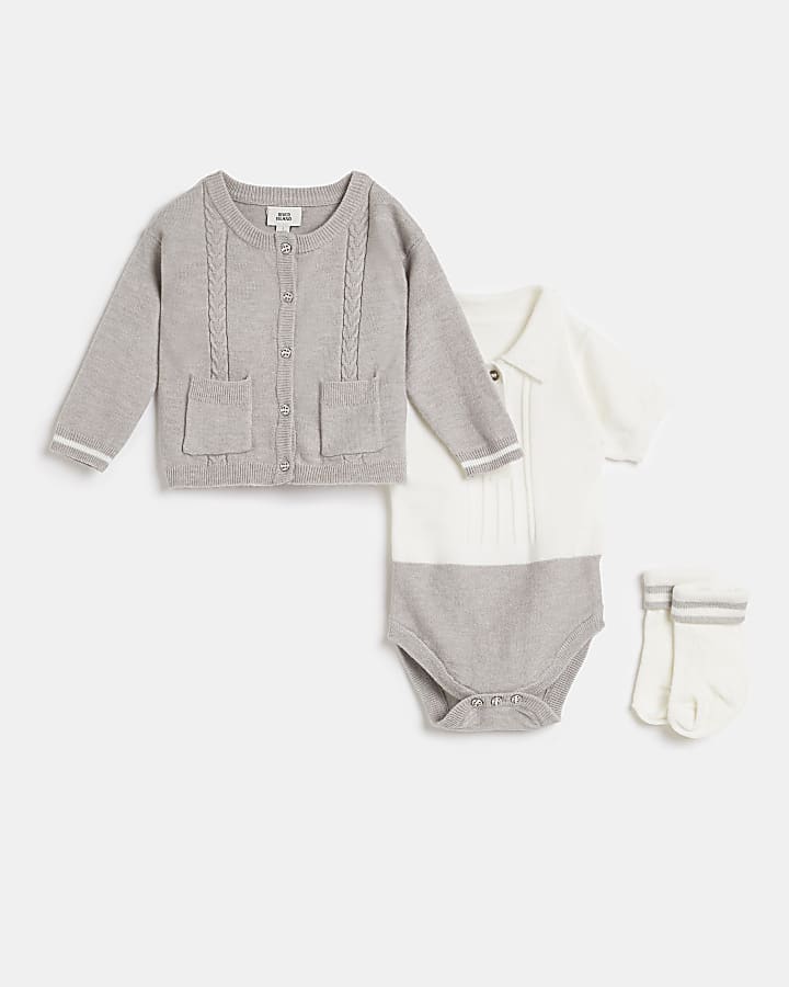 Baby grey cable knit cardigan 3 piece outfit