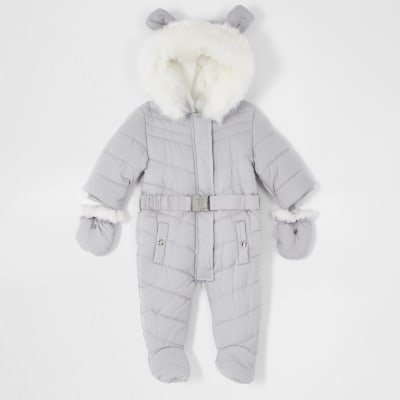 Baby grey padded snowsuit with ears | River Island