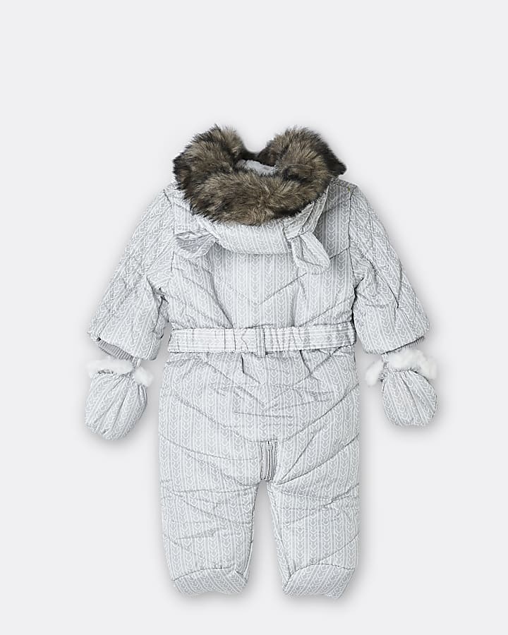 Baby grey RI monogram hooded quilted snowsuit