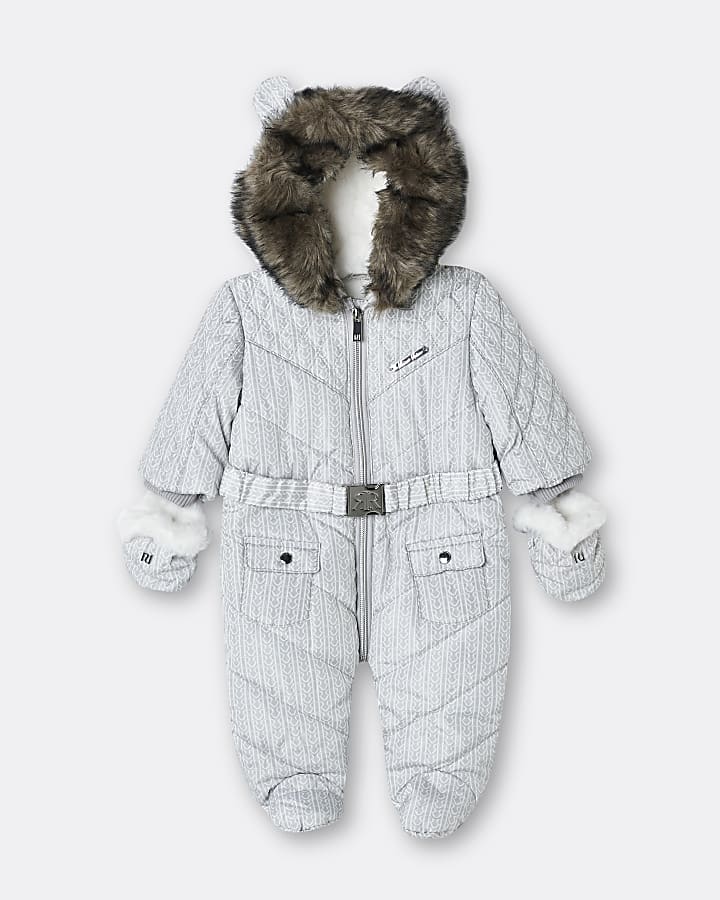 Baby grey RI monogram hooded quilted snowsuit
