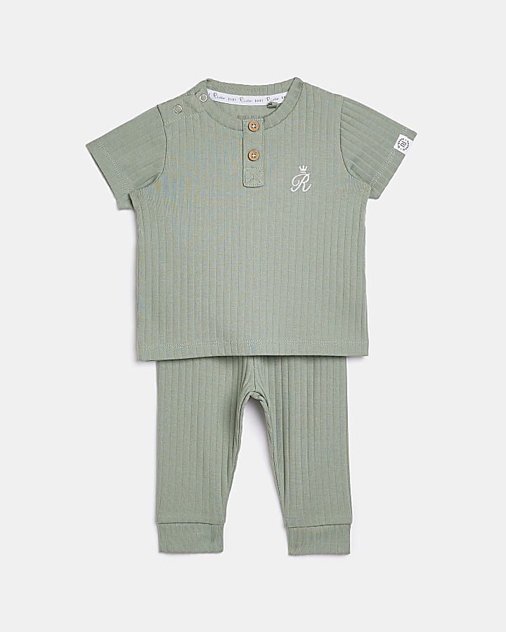Baby khaki RI branded organic ribbed outfit