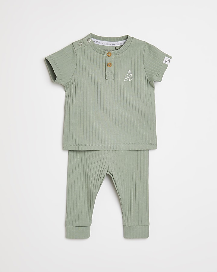 Baby khaki RI branded organic ribbed outfit