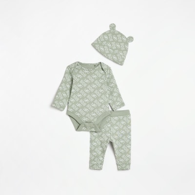 Baby Khaki RI Monogram babygrow Set