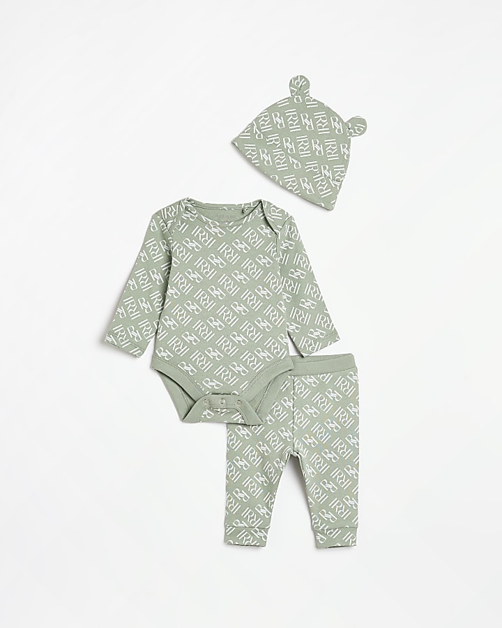 Baby Khaki RI Monogram babygrow Set