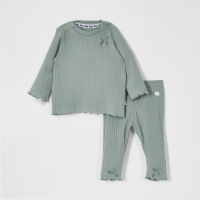 Baby khaki ribbed bow legging outfit 