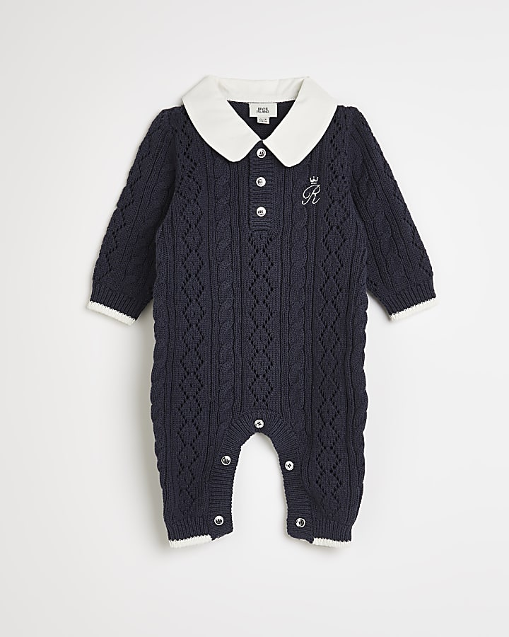 Baby navy collar pointelle knitted all in one