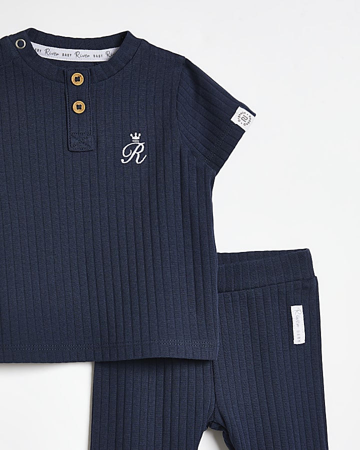 Baby navy RI branded organic ribbed outfit