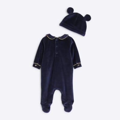 Baby Navy Velour Bear Sleepsuit Set River Island