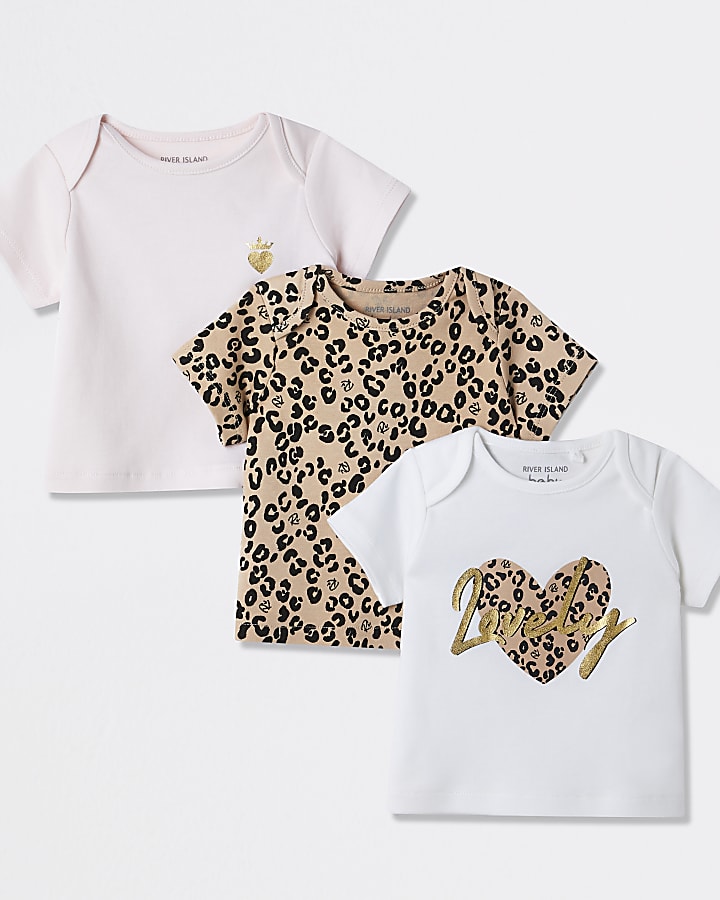Baby pink leopard 'lovely' t-shirt 3 pack