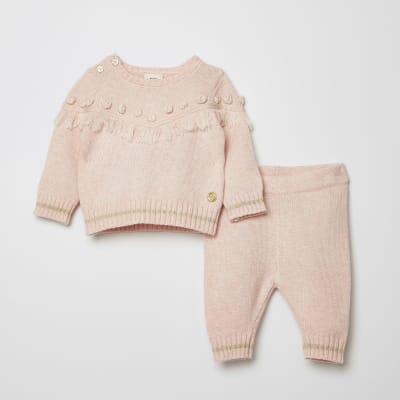 Baby pink tassel knitted jumper outfit River Island