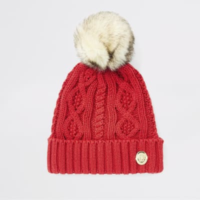 Baby red knitted pom beanie hat | River Island