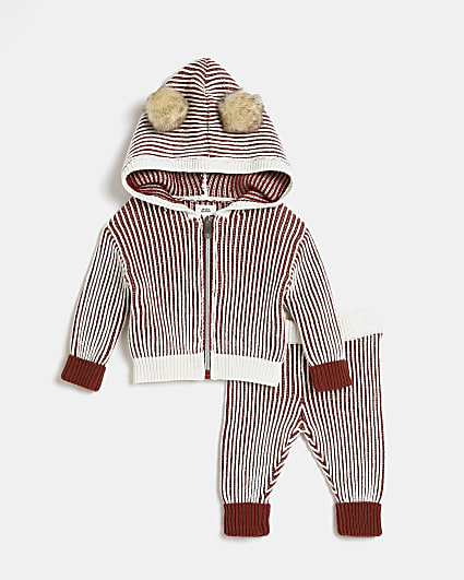 Baby rust ribbed pom pom hooded outfit