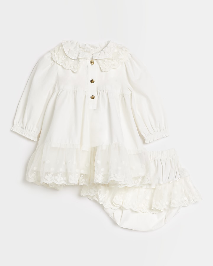 Baby white frill collar dress set with box