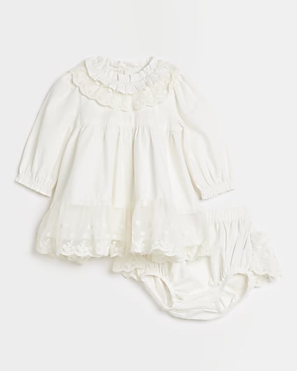 Baby white frill collar dress set with box