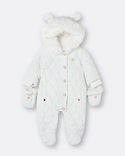 Baby white hooded quilted snowsuit