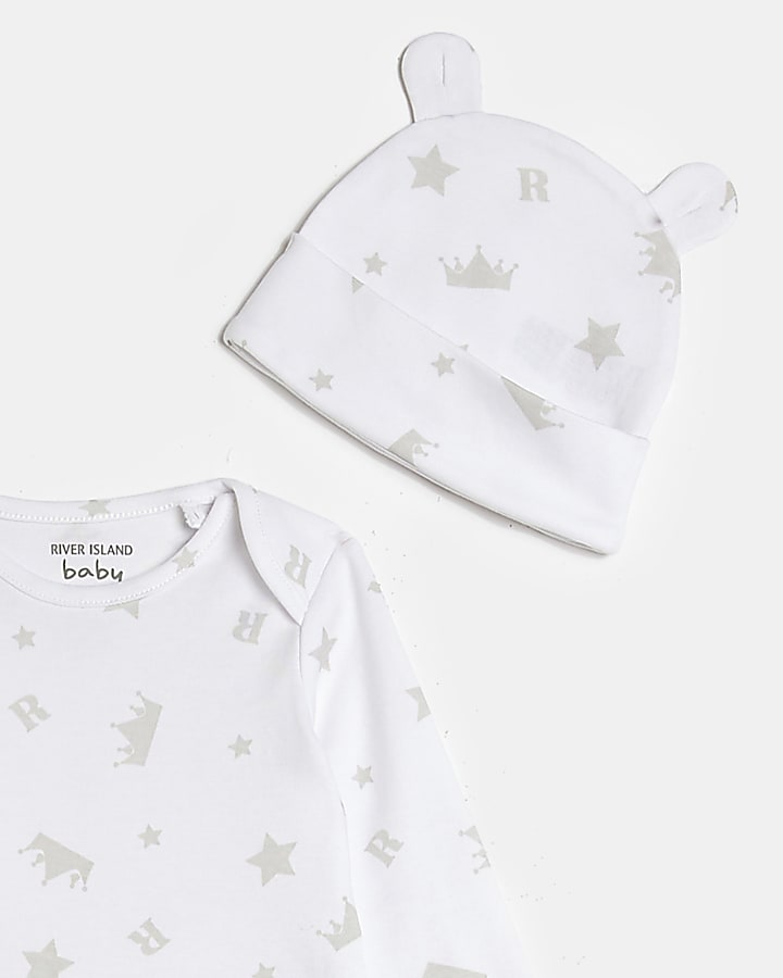 Baby White RI Monogram babygrow and Hat Set