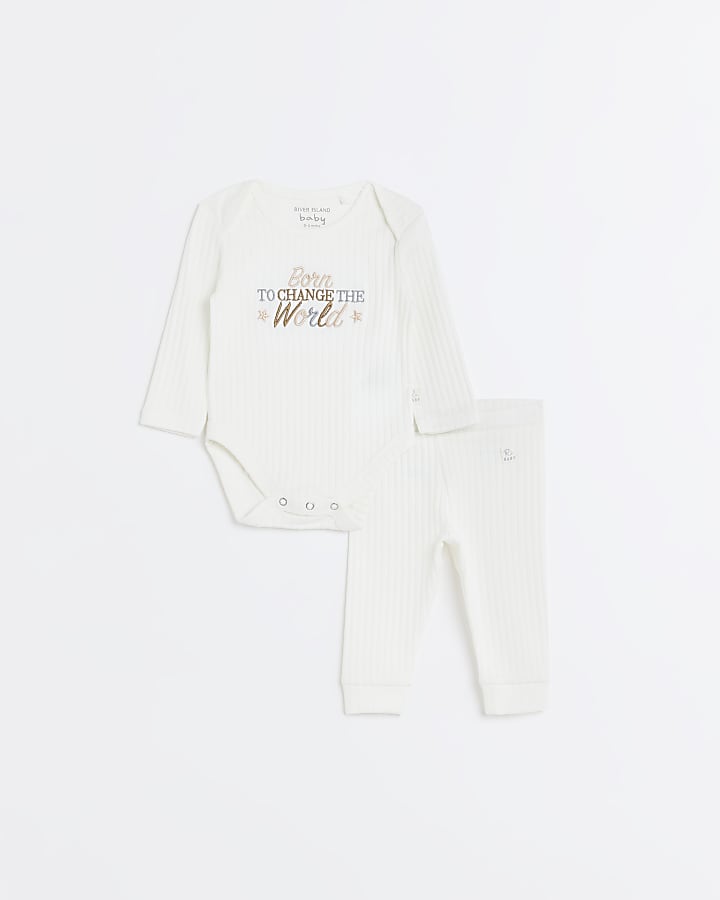 Baby white ribbed embroidered set