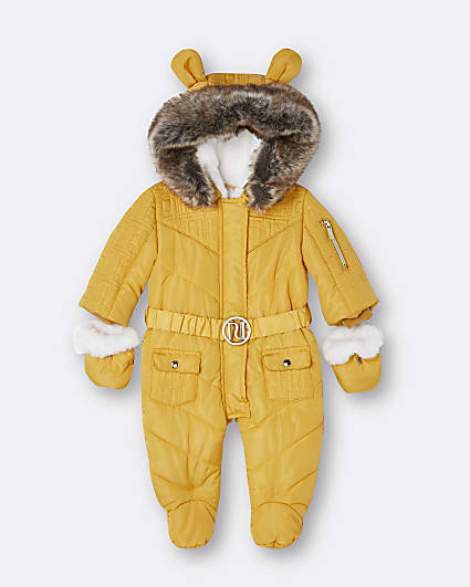 Baby yellow RI faux fur hooded snowsuit