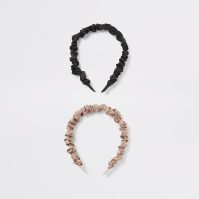 Beige and black ruched headband 2 pack