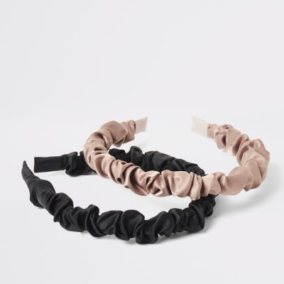 Beige and black ruched headband 2 pack