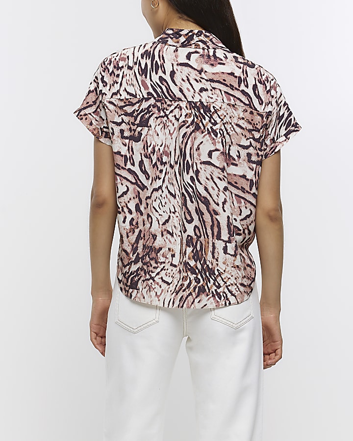 Beige animal print front knot shirt