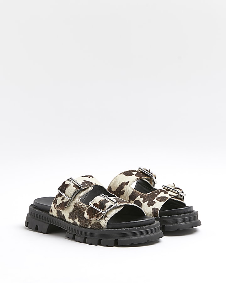 Beige animal print leather chunky sandals