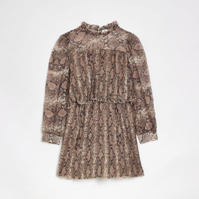 Beige animal print plisse smock mini dress