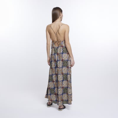 Beige animal print smock maxi dress