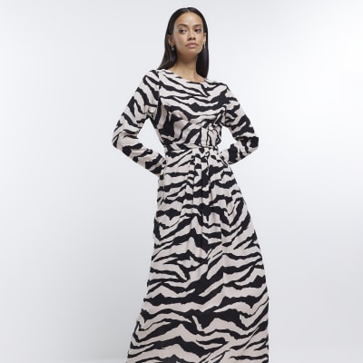 Beige animal print swing midi dress