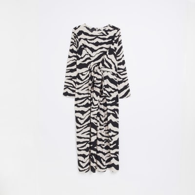 Beige animal print swing midi dress