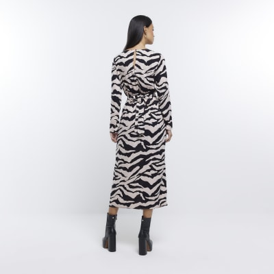 Beige animal print swing midi dress