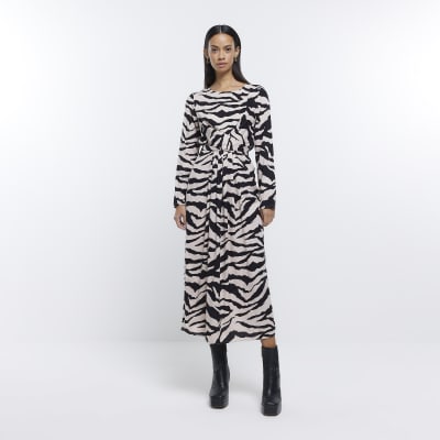 Beige animal print swing midi dress
