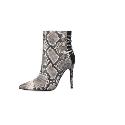 Beige animal print tie up heeled boots | River Island