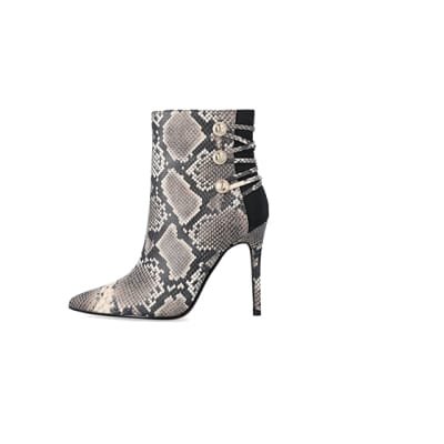 Beige animal print tie up heeled boots | River Island