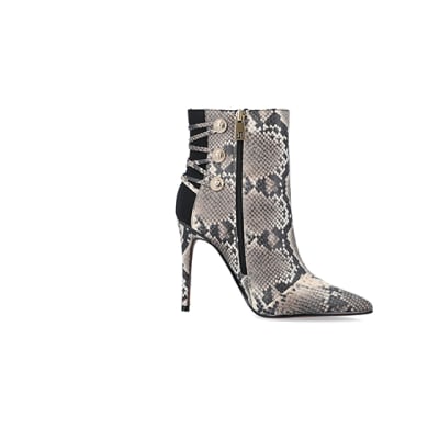 Beige animal print tie up heeled boots | River Island