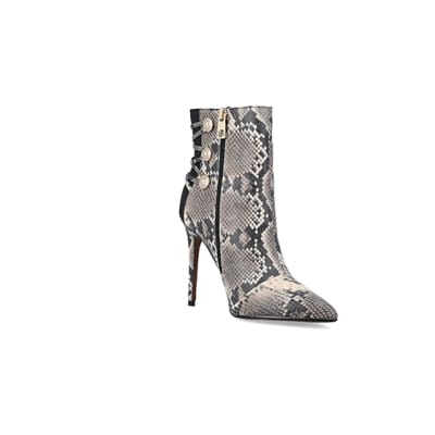 Beige animal print tie up heeled boots | River Island