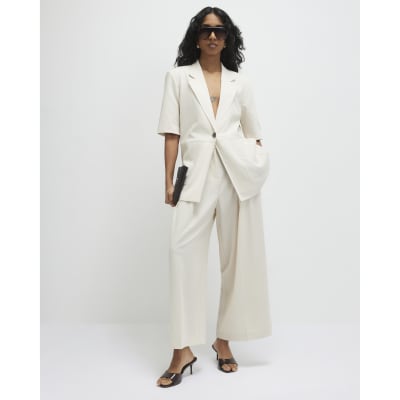 Beige Ankle Grazer Tailored Trousers