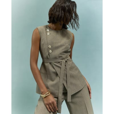 Beige Asymmetric Belted Waistcoat