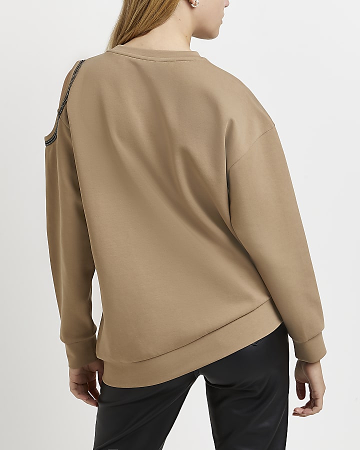 Beige asymmetric cold shoulder sweatshirt