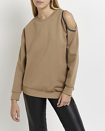 Beige asymmetric cold shoulder sweatshirt