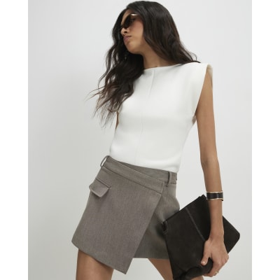 Beige Asymmetric Pocket Front Skort
