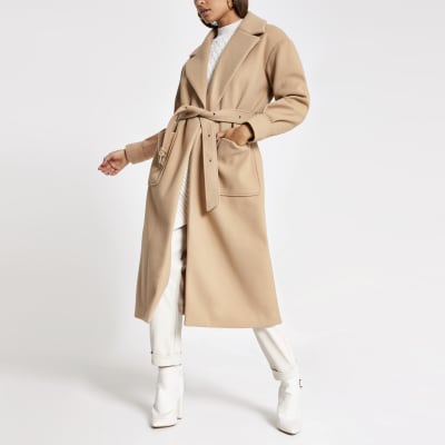 Beige balloon long sleeve belted coat | River Island