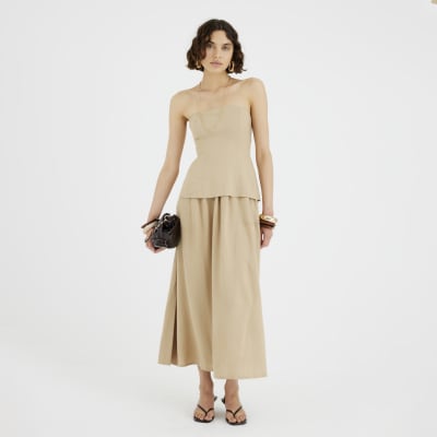 overlap bandeau midi dress in beige Beige Bandeau Linen Blend Midi Dress