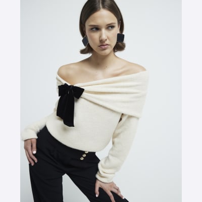 Beige Bardot Bow Jumper River Island