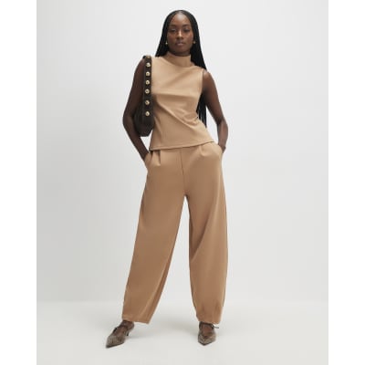 Beige Barrel Leg Jersey Trousers
