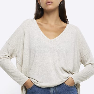 Beige batwing long sleeve top | River Island