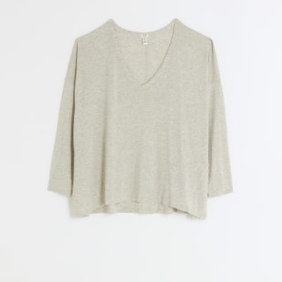 Beige batwing long sleeve top River Island