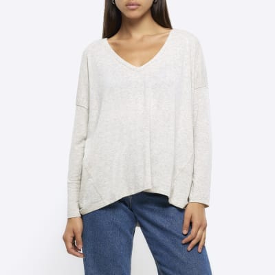 Beige batwing long sleeve top River Island