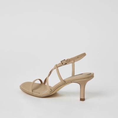 Beige beaded strappy low heel sandals