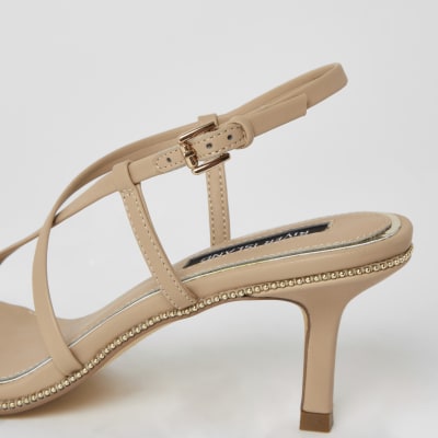 Beige beaded strappy low heel sandals